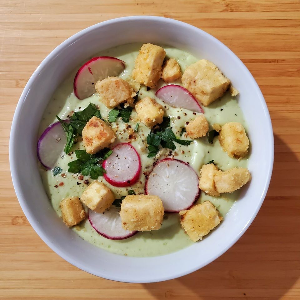 Chilled Avocado Soup With Fried Tofu