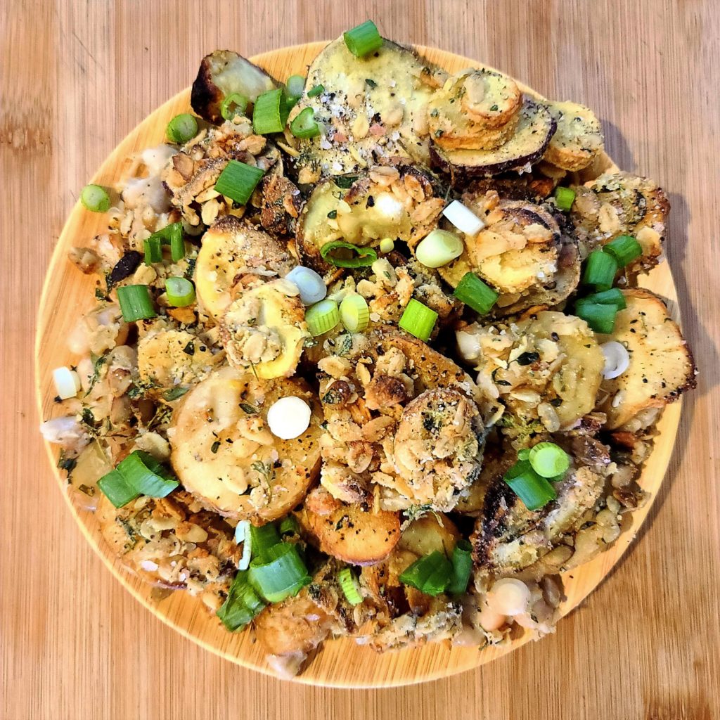 A hearty, winter root vegetable dish that's loaded with flavor, texture and nutrients. The crumble topping is delicious while the ingredients are full of healthy fats, fiber and protein. Every bite is a mouthful of delight!