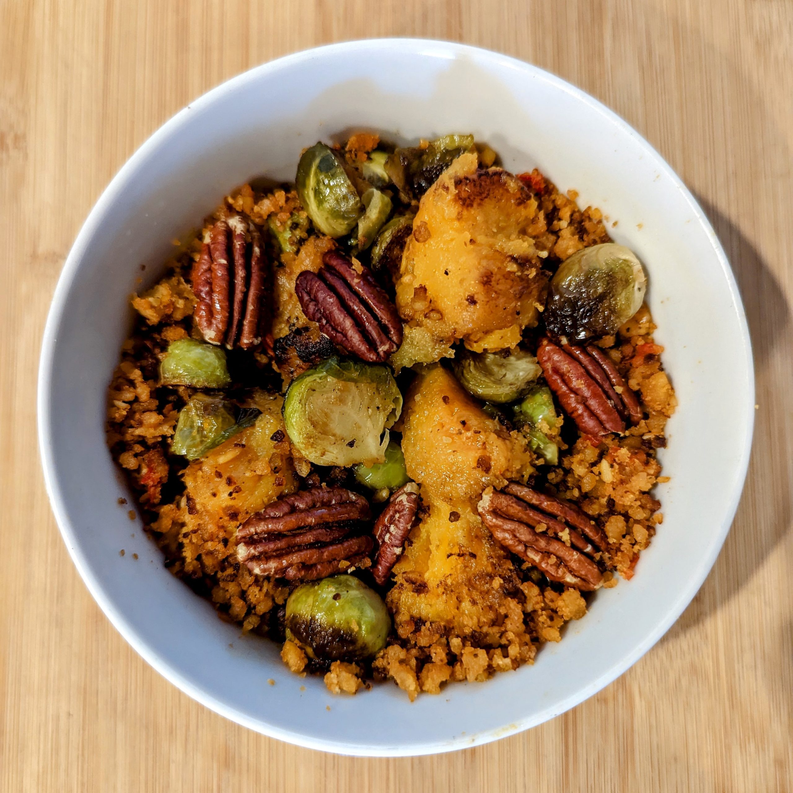 Roasted Triple Squash With Brussels Sprouts, Pecans And Cauli Crumble